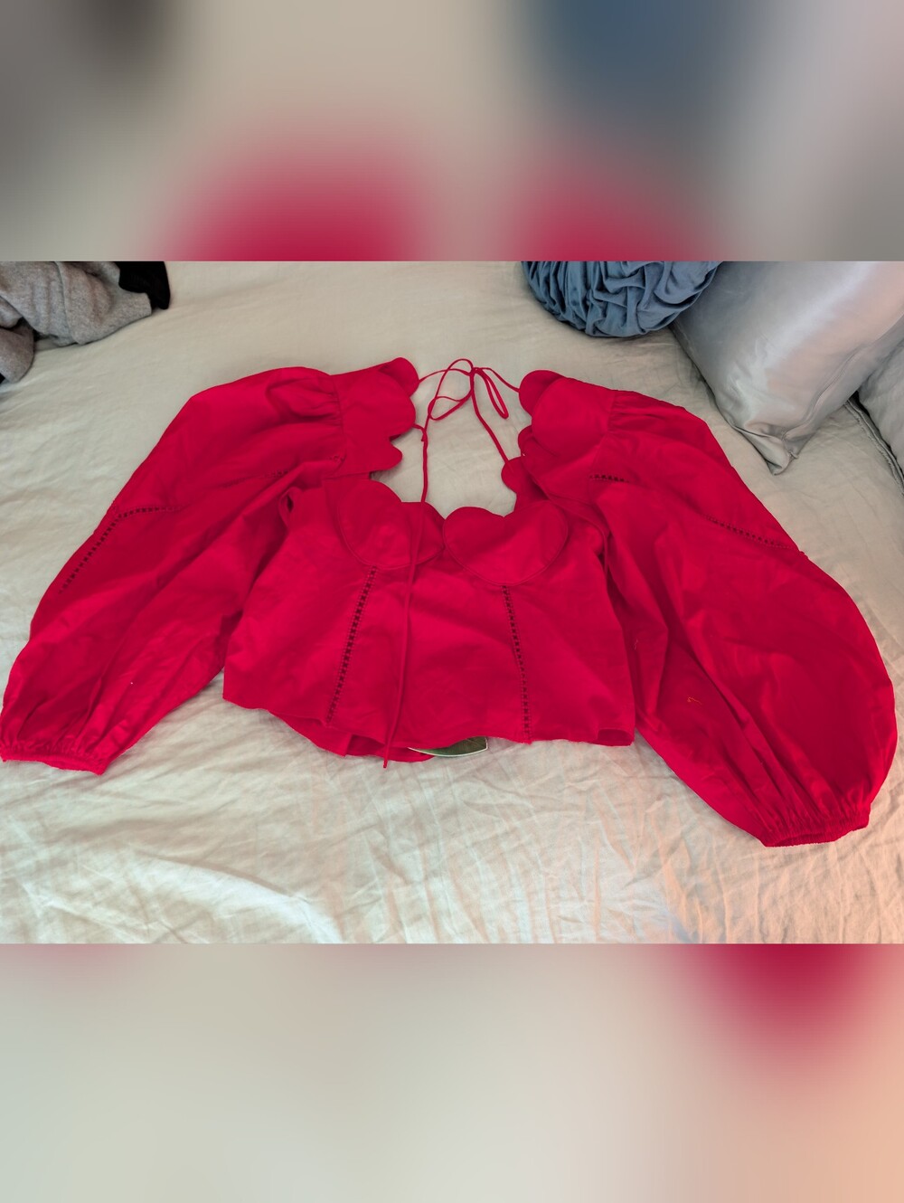 FARM Rio Red Heart Scallop Cutout Puff Sleeve Blouse NWT M